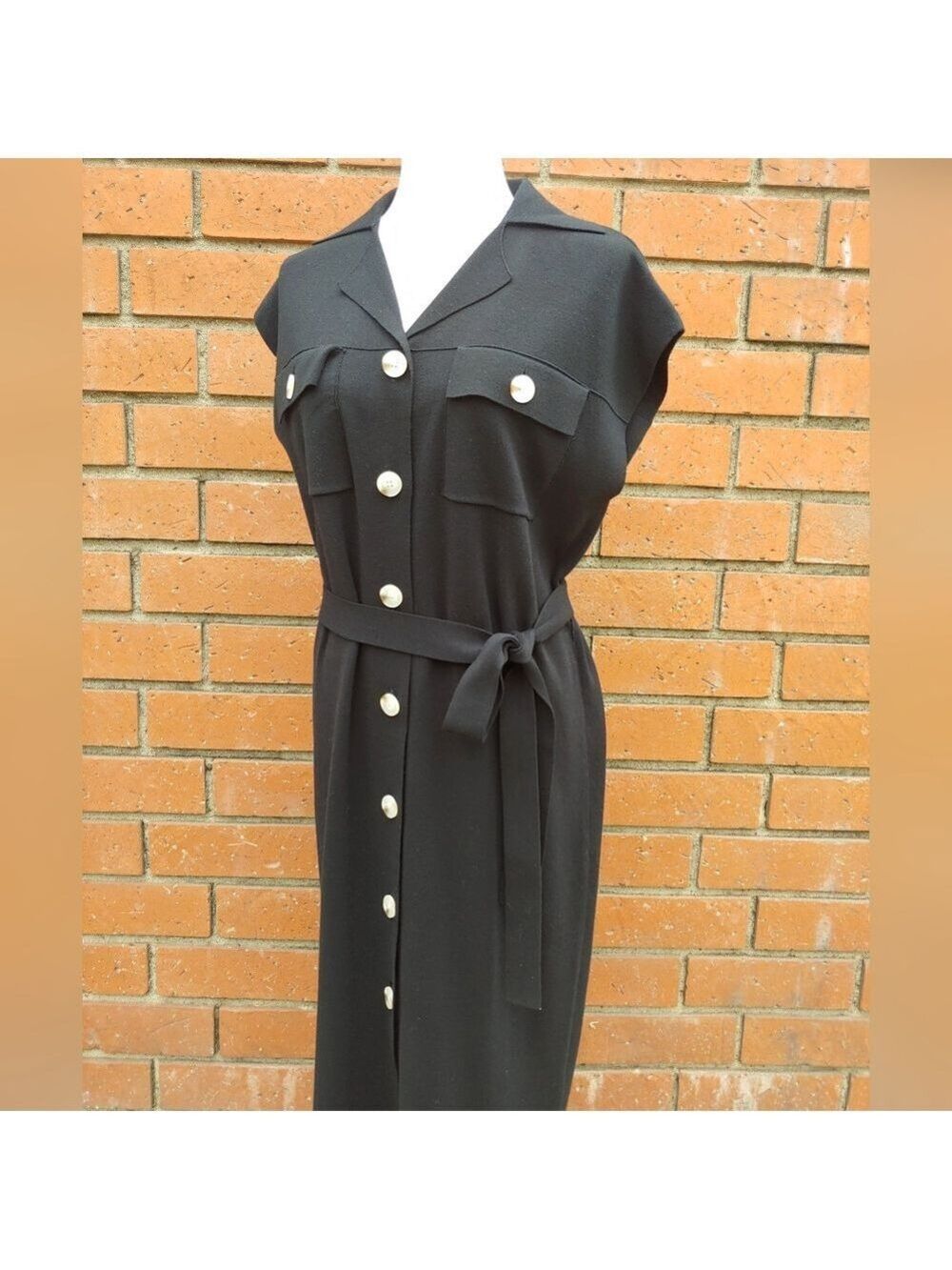 Elie Tahari Midi Black Knit Shirt Dress with Tie Front Women's size Medium NWT